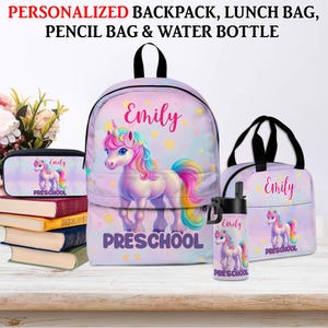 Ensemble personnalisé de sac à dos d'école de licorne pour les filles, sac préscolaire avec nom personnalisé, sac à lunch, trousse, gourde pour enfants et tout-petits