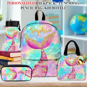 Benutzerdefinierte Meerjungfrau Rucksack, Lunchbag, Bleistifttasche, Wasserflasche für Kinder, Geschenk zum Schulanfang für Mädchen, Schultaschen für Kinder und Kleinkinder