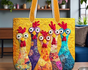 Funny Chicken Quilt Tote Bag, Quilted Chicken Lover Bag, Colorful