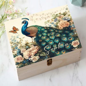 Gepersonaliseerde Peacock houten aandenkendoos, Peacock Box cadeau voor kinderen, Peacock minnaar geschenken, verjaardagscadeau voor haar