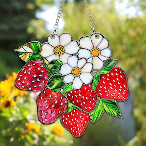 Strawberry Branch Acrylic Window Hanging, Strawberry Floral Window Hanging, Housewarming Gift for Nature and Berry Lovers, Garden Home Decor
