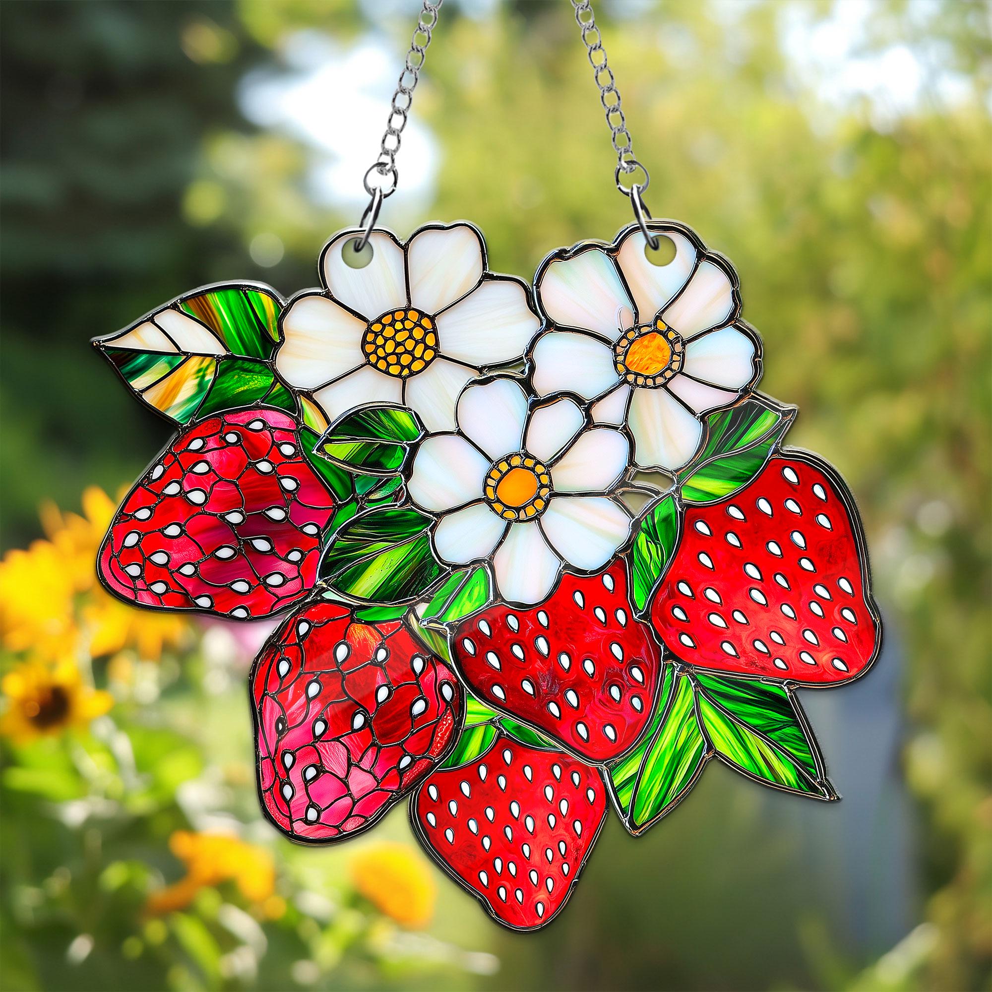 Strawberry Branch Acrylic Window Hanging, Strawberry Floral Window Hanging, Housewarming Gift for Nature and Berry Lovers, Garden Home Decor