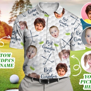 Personalized Best Grandpa By Par Polo Shirt, Custom Face Photo Grandkids Polo Shirt For Dad, Grandpa, Father&#39;s Day Gift, Golf Lover Gift