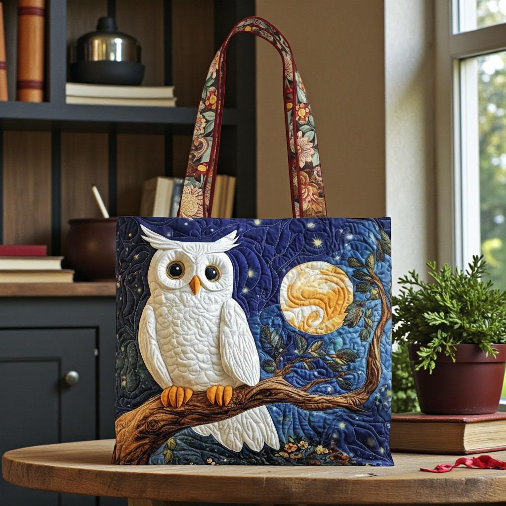 Cute Owl Tote Bag, White Owl Moon Night Tote, Nature Animal Art Handbag, Unique Owl Lover Gift, Boho