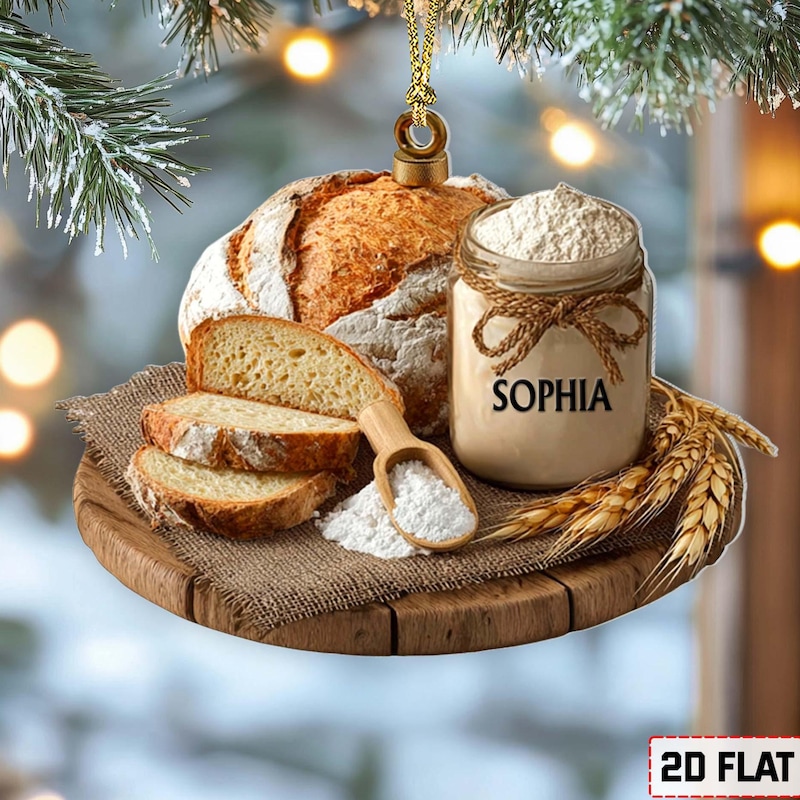 🎁 Custom 2D Flat Sourdough Bread Jar Ornament 2025, Handmade Bread & Flour Scene, Personalized Kitchen Lover Christmas Decoration
