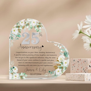 Placa acrílica personalizada del corazón del 25 aniversario de bodas, regalos de aniversario de plata, regalos de aniversario para padres, esposo, esposa