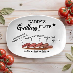 Prato de churrasco personalizado para o pai – Prato de churrasco personalizado com nomes de crianças, presente personalizado para temperatura do bife, prato com gráfico de bife malpassado e bem passado