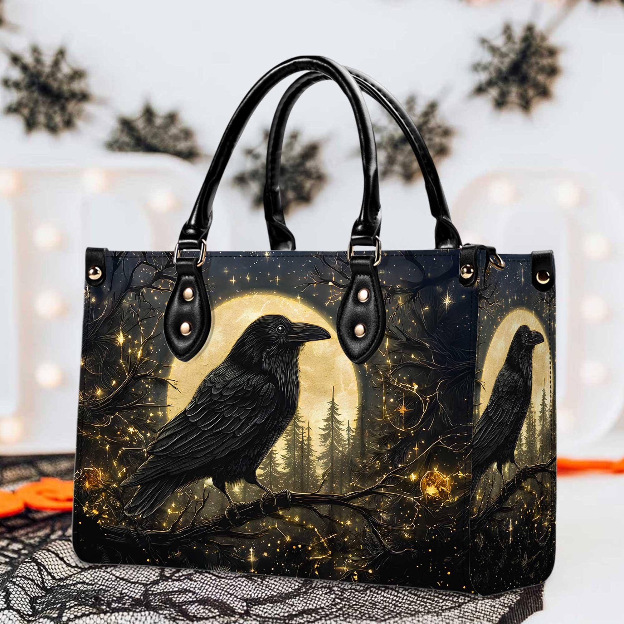 Discover Gothic Raven Handbag, Black Crow Moonlight Purse, Witchy Faux Leather Tote and Clutch