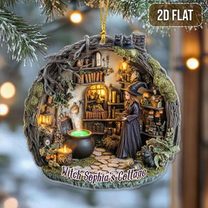 Custom Name The Witch&#39;s Cottage 2D Flat Acrylic Ornament, The Witch House Ornament, Halloween Ornament Decor, Halloween Gift for her