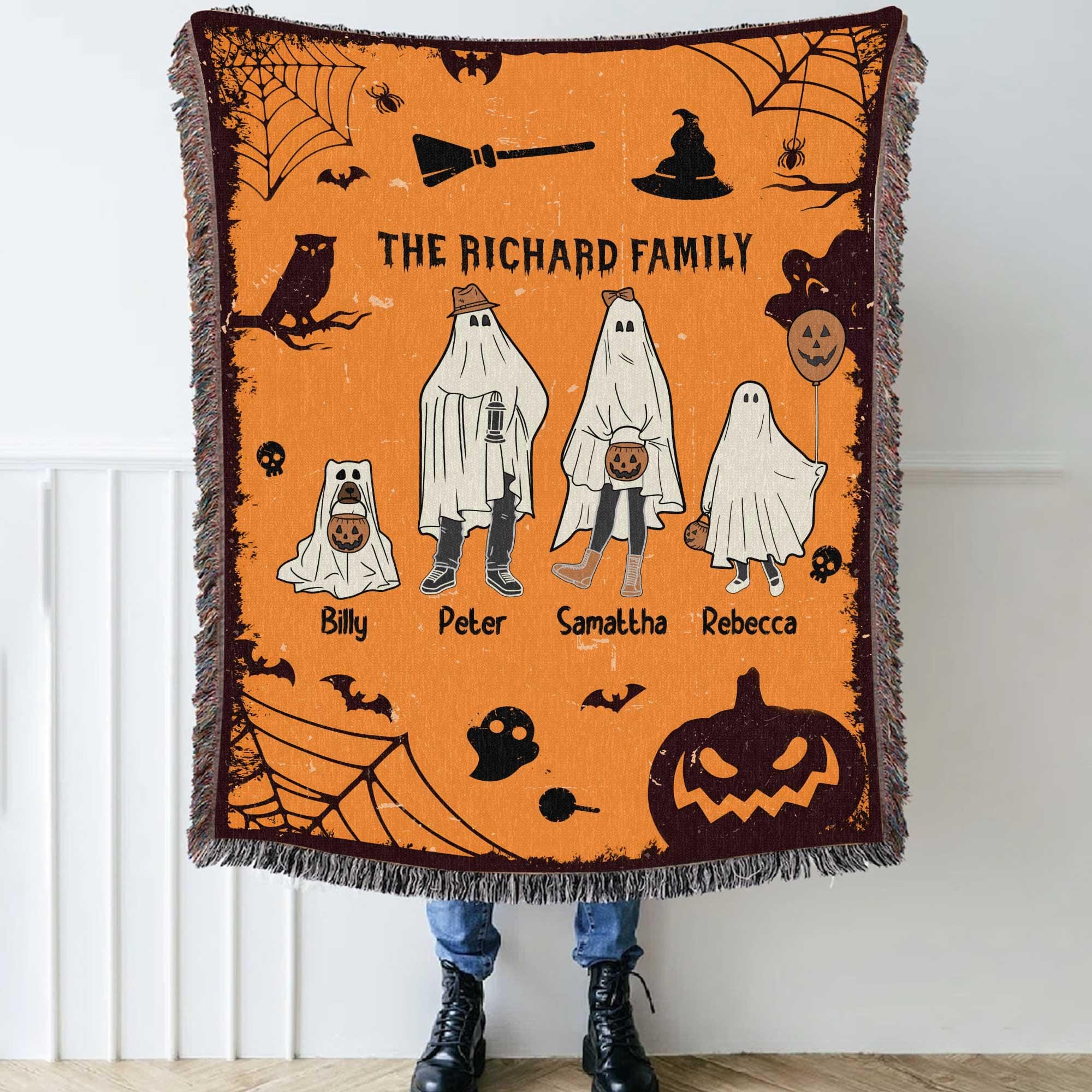 Customized Ghost Family Pumpkin Woven Blanket, Personalized Halloween Family Portrait With Pets Throw Blanket, Fall Ghost Family Decoration