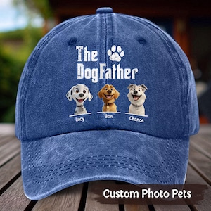 Custom Funny Pet Lover Gift – Personalized The DogFather Hat With Custom Dog Illustrations, Custom Pet Cartoon Photo Cap With Dog Names