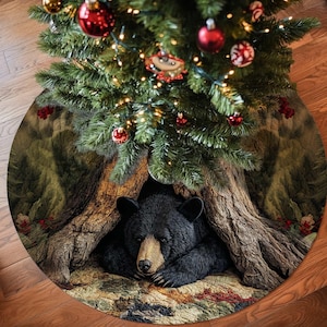 Rustikaler Bär 3D Weihnachtsbaum-Rock, Waldhütten-Dekor-Baum-Matte, gemütliche Feiertags-Waldthema-Baum-Basisabdeckung, Bärn-Weihnachtsbaum-Rock