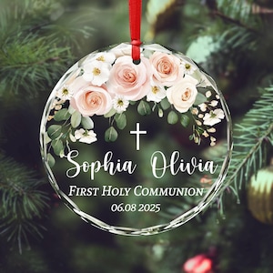 Personalized First Holy Communion Glass Ornament, Custom Name Floral Baptism Gift, Catholic Sacrament Keepsake,First Communion Ornament Gift