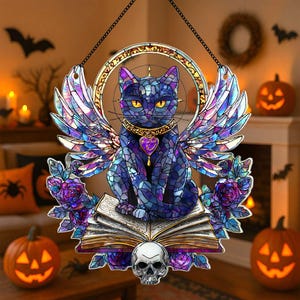 Black Cat Angel Acrylic Window Hanging, Gothic Book and Skull Suncatcher, Halloween Cat Lover Home Decor Gift, Black Cat Halloween Gift