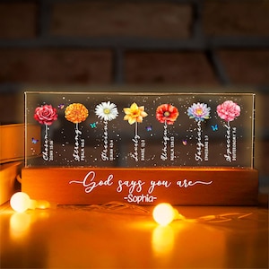Personalized Flowers God Says You Are Lamp Wood Base, Custom Bible Verse 3D Night Light , Christian Gift For Her