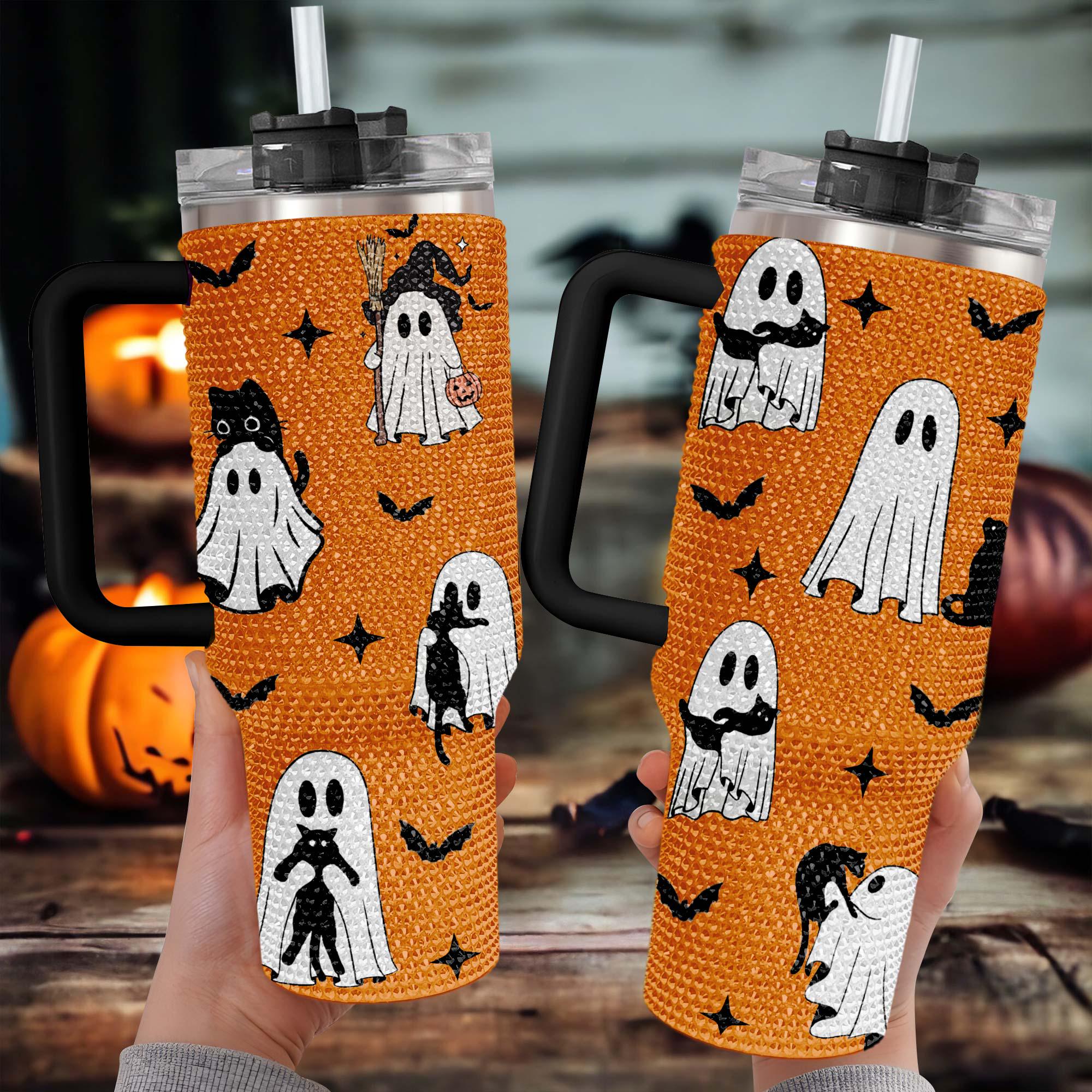 Vaso de 40 oz con diseño de fantasma espeluznante para Halloween, vaso de 40 oz con diseño de fantasma espeluznante con diamantes de imitación, vaso con diseño de temporada espeluznante, regalo de otoño