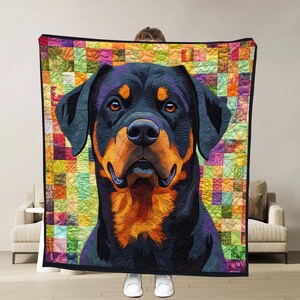 Quilt blanket Rottweiler with a 3D stitching effect, offering vibrant bedding that provides comfort, softness, and coziness for dog lovers