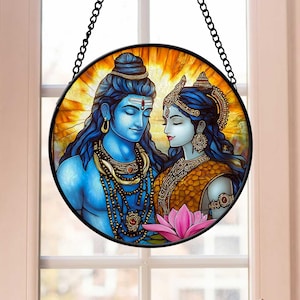 Lord Shiva and Parvati Faux Stained Glass Art, Lord Shiva and Parvati Suncatcher, Spiritual Window Decor for Home and Temple