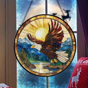 Bald Eagle Suncatcher, Eagle Faux Stained Glass Window Hanger, Mountain River Scene and Wild Eagle House Decor, Eagle Birthday Gift For Him