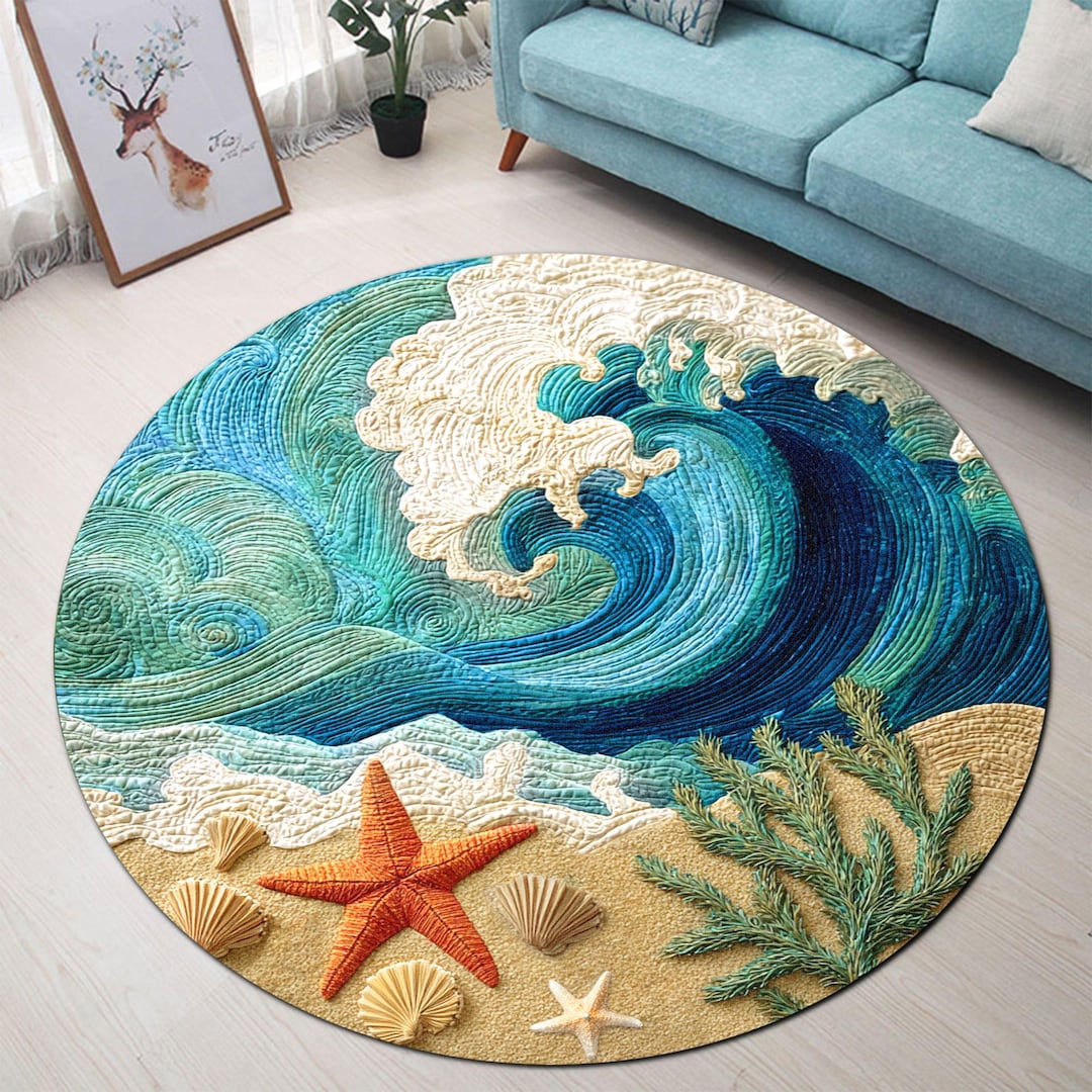 Ocean Wave Round Rug 3D Beach Mat, Coastal Starfish Carpet, Nautical ...