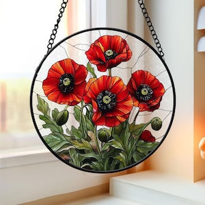Red Poppies - Flanders Fields  Flower Faux Stained Glass Suncatcher Ornament Hanging Decor Home, Remembrance Day Red Poppies Art