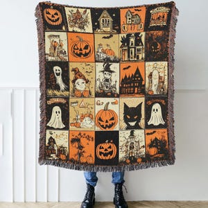 Retro Vintage Spooky Season Halloween Woven Throw Blanket, Vintage Pumpkin Halloween Woven Tapestry, Halloween Ghost Scary Tapestry