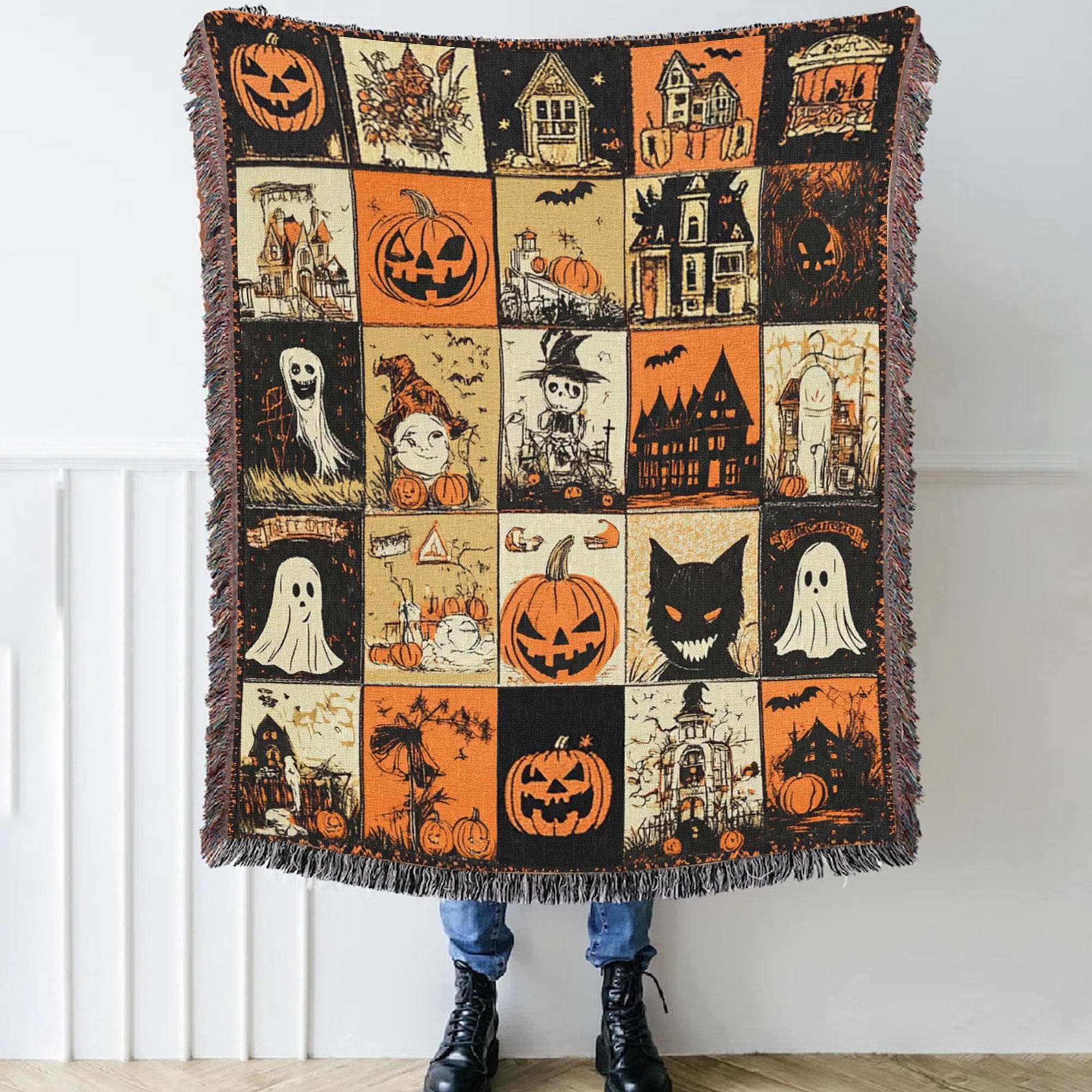 Manta tejida retro vintage de Halloween, tapiz tejido de calabaza vintage de Halloween, tapiz aterrador de fantasmas de Halloween