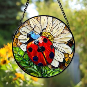 Stunning Ladybug Faux Stained Glass Suncatcher Ornament, Ladybug Glass Art Decor Home, Perfect Gift For Ladybug Lovers