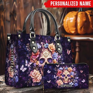 Custom Skeleton Art Print Wallet & Handbag With Handle, Skull Spooky Halloween Bags, Trick Or Treat Halloween Bags, Witchy Gothic Bags