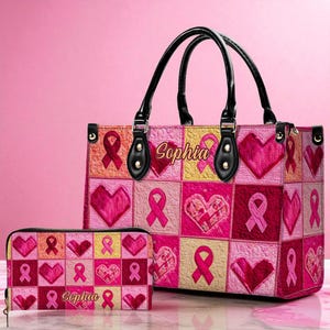 Custom Breast Cancer Awareness Handbag and Wallet, Pink Ribbon Bag, Cancer Support Gift for Women, Breast Cancer Gifts, Cancer Fighter Gifts
