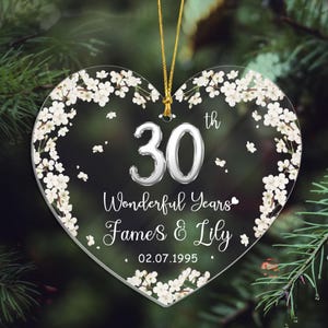 30th Anniversary Heart Ornament, Personalized 30 Year Wedding Gift for Couple, Floral Acrylic Keepsake with Names and Date, Custom Love