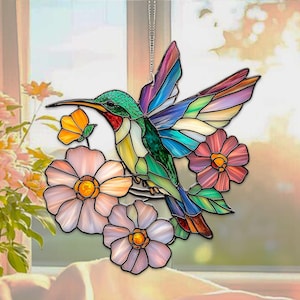 Hummingbird And Flower Acrylic Window Hanging, Faux Stained Glass Hummingbirds and Flowers, Hummingbird Acrylic Glass, Gift For Mom