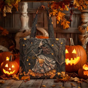 Personalized Witchy Gothic Quilted Tote Bag, Custom Name Gothic Witch Bags for Halloween, Spooky Witchy Tote Bag, Halloween Gift Idea