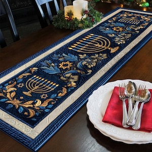 Chemin de table matelassé Hanoucca, décoration de cuisine menorah de Hanoucca, décoration de salle à manger, décoration de Hanoucca, cadeau de Hanoucca, célébrations juives