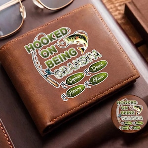 Cartera de cuero personalizada "Adicto a ser abuelo, papá, pescador", regalo para el Día del Padre, regalo de cumpleaños para papá y abuelo.