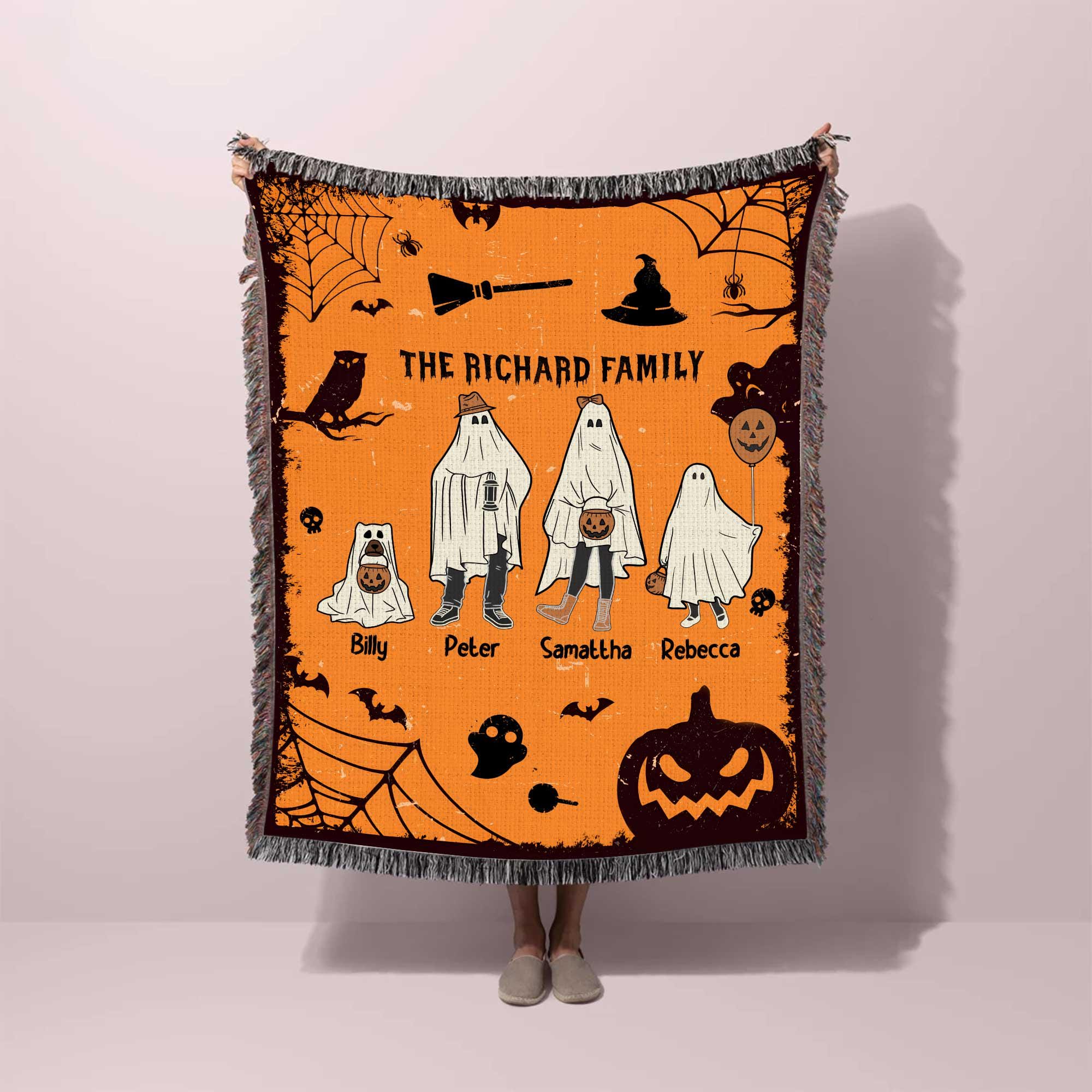 Customized Ghost Family Pumpkin Woven Blanket, Personalized Halloween Family Portrait With Pets Throw Blanket, Fall Ghost Family Decoration
