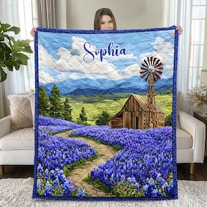 Personalized Bluebonnet Quilt Blanket, Texas Wildflower Farmhouse Throw with Barn and Windmill, Custom Name Country Decor, Bluebonnet Texas