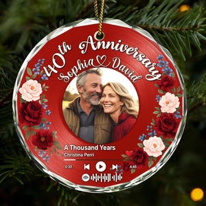 Personalized 40th Ruby Anniversary Glass Ornament, Custom Photo 40th Floral Decor, Anniversary Gift for Parents or Grandparents