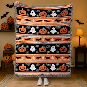 Retro Vintage Spooky Season Halloween Woven Throw Blanket, Vintage Ghost And Pumpkins Halloween Woven Tapestry, Halloween Gift