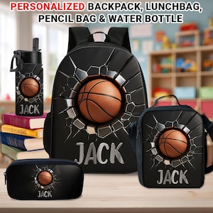 Custom Faux 3D Basketball Backpack Set With Bottle, Lunch Bag, Loving Basketball Gift For Kid, Cool Back To School Gift For Little Boys