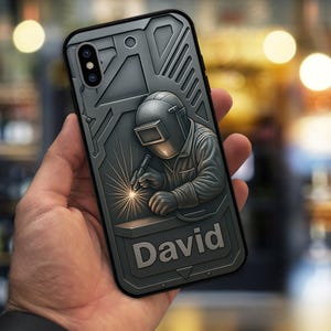 Personalized Faux 3D Welding Phone Case for Men, Custom Name Metal Engraved Cover, Welder Gift for Dad or Husband