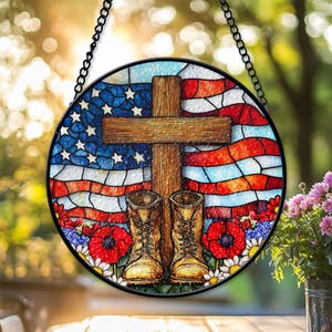 Patriottische laarzen Suncatcher, VS vlag Memorial Day venster hangend, Christian Soldier decor, 4 juli Independence Day cadeau glazen Suncatcher