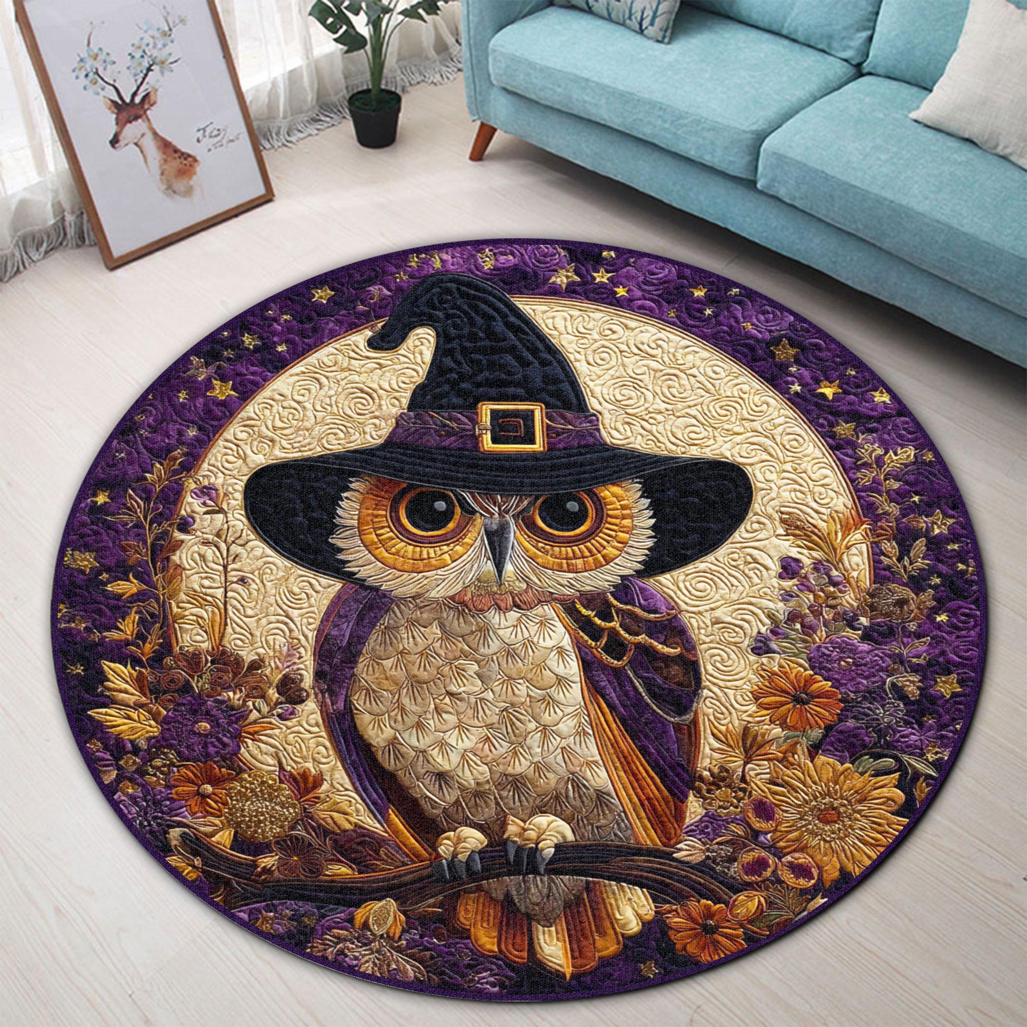 Halloween Owl Round Rug, Witch Hat Owl Floor Mat, Spooky Owl Area Rug, Fall Decor Accent Carpet, Cut