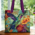 Hummingbird Quilted Tote Bag, Floral Patchwork Art Tote, Colorful Embroidered Style Bag, Nature Lover Gift product logo