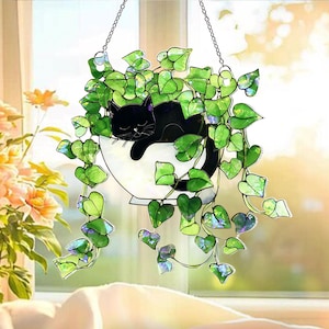 Black Cat Sleeping on Ivy Acrylic Window Hanging, Black Cat Plant Window Hanging, Plant Lover Gift, Ivy Plants Decor, Cozy Cat Decor