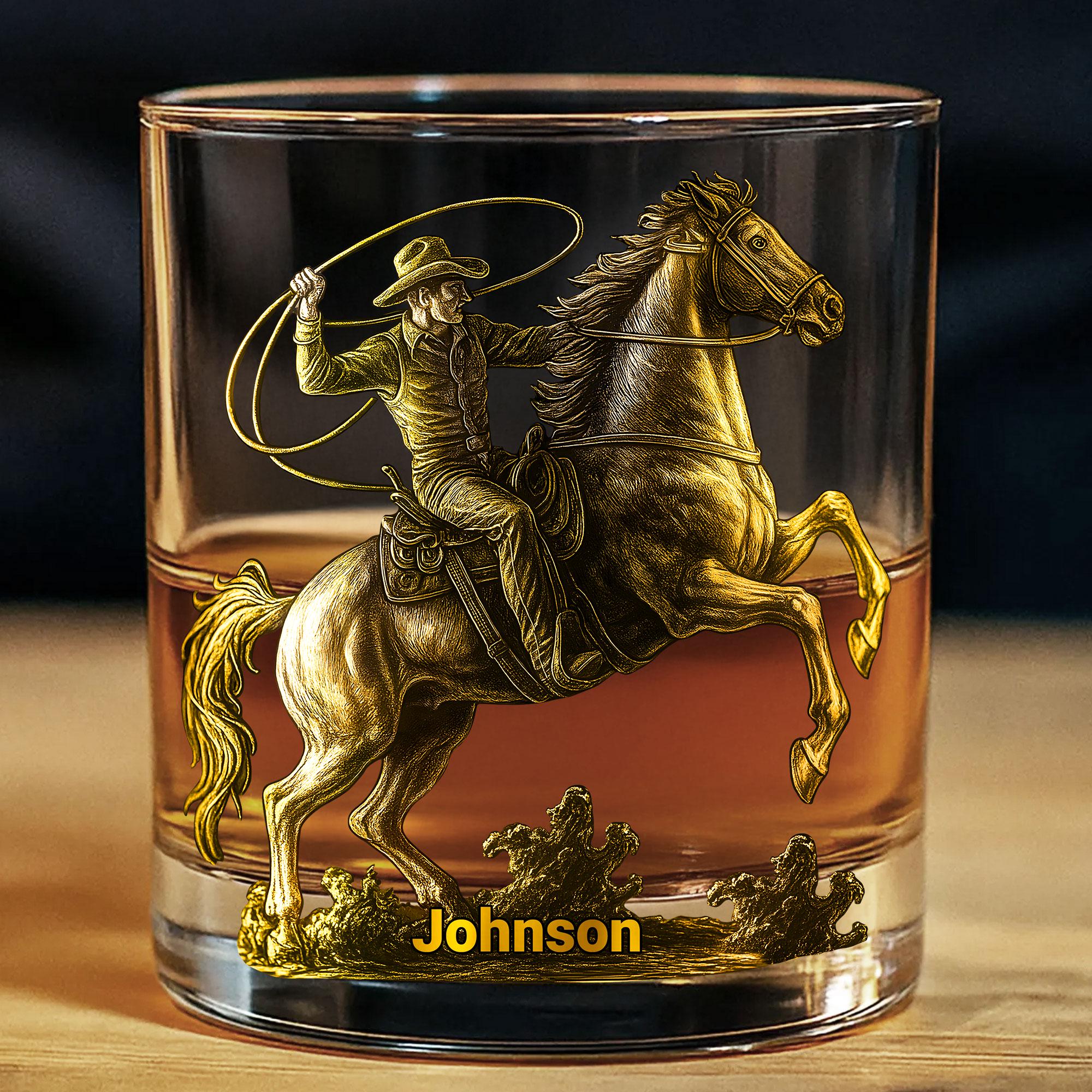 Personalized Cowboy Whiskey Decanter and Glass Set, Custom Western Whiskey Gift for Him, Horse and Rider Engraving, Rustic Barware for Dad
