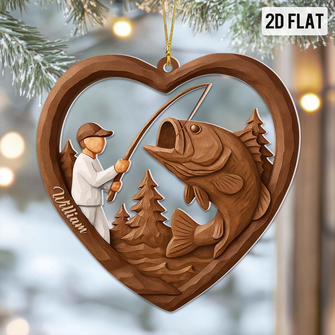 Custom Faux Wood 2D Flat Christmas Fisherman Acrylic Ornament – Faux 3D ...