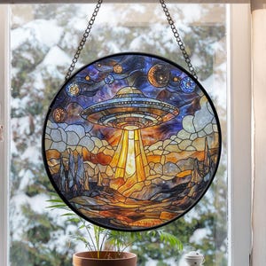 UFO Faux Stained Glass Suncatcher, Prezent dla Miłośników UFO, Dekoracja UFO na Okno Domowe, Latający Spodek Ścienny, Prezenty Dla Miłośników Obcych Statków Kosmicznych