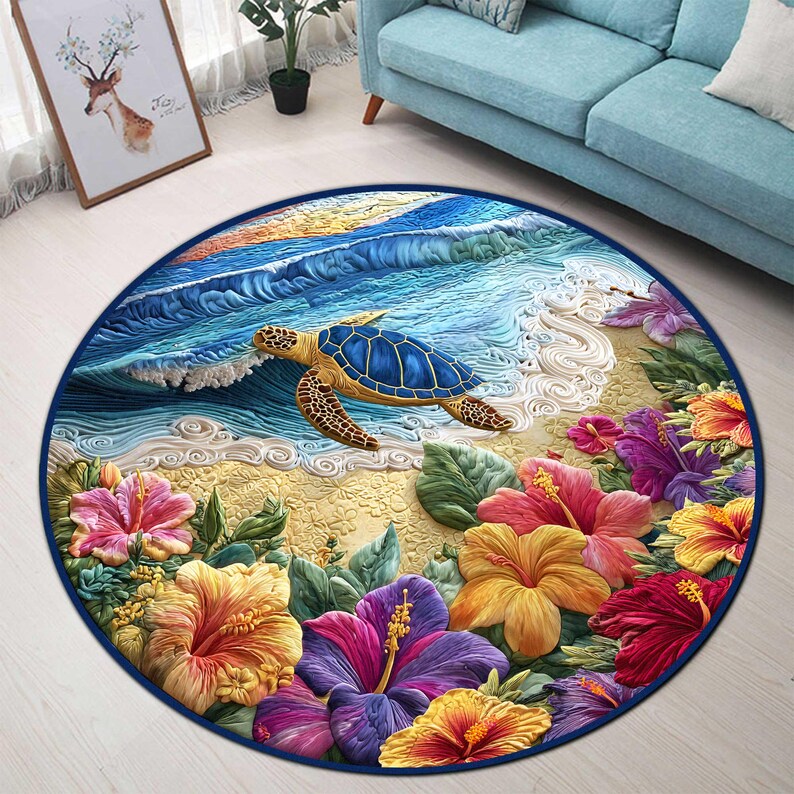 Round Rug Turle Sea Turtle 3D Round Rug, Tropical Beach Floor Mat With Ocean Waves and ...