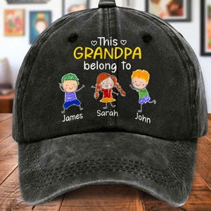 Personalized This Grandpa Belong To Denim Hat, Personalized Grandpa Hat with Cute Grandkids Cartoon Characters, Father’s Birthday Present